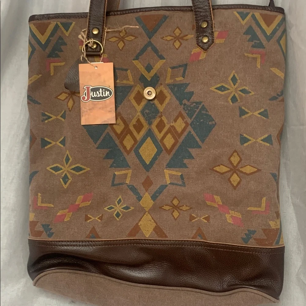 Justin Boots Brown Southwestern Tote with Multicolor Diamond Pattern